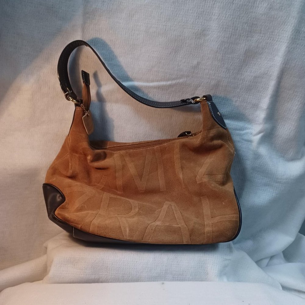 ISAAC MIZRAHI Camel Brown Tan Suede LEATHER Black Trim Medium Handbag